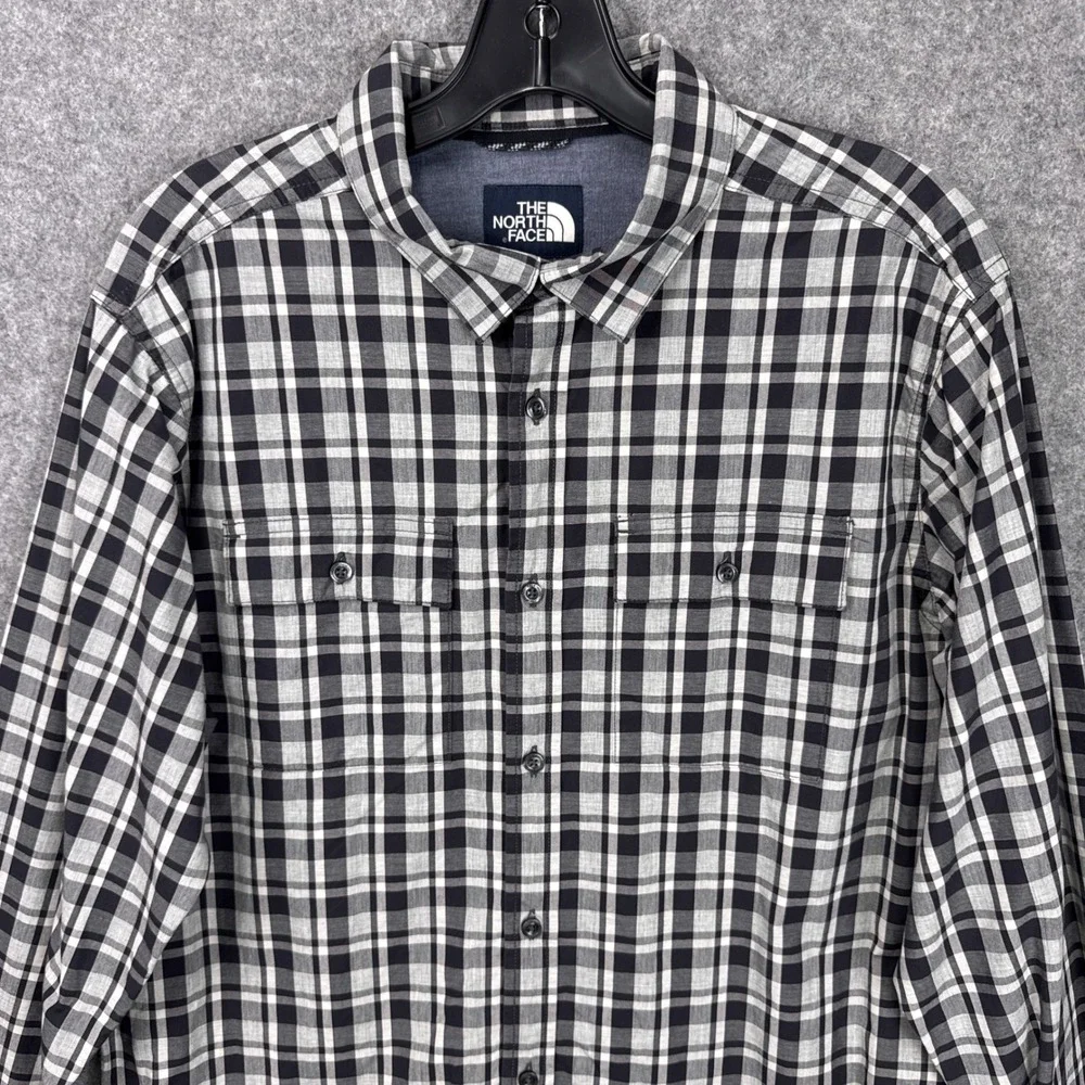 The North Face Button Down Shirt L Black White Plaid Cotton Long Sleeve A3MMU